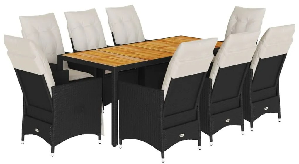 9 részes fekete polyrattan kerti étkezőgarnitúra párnákkal