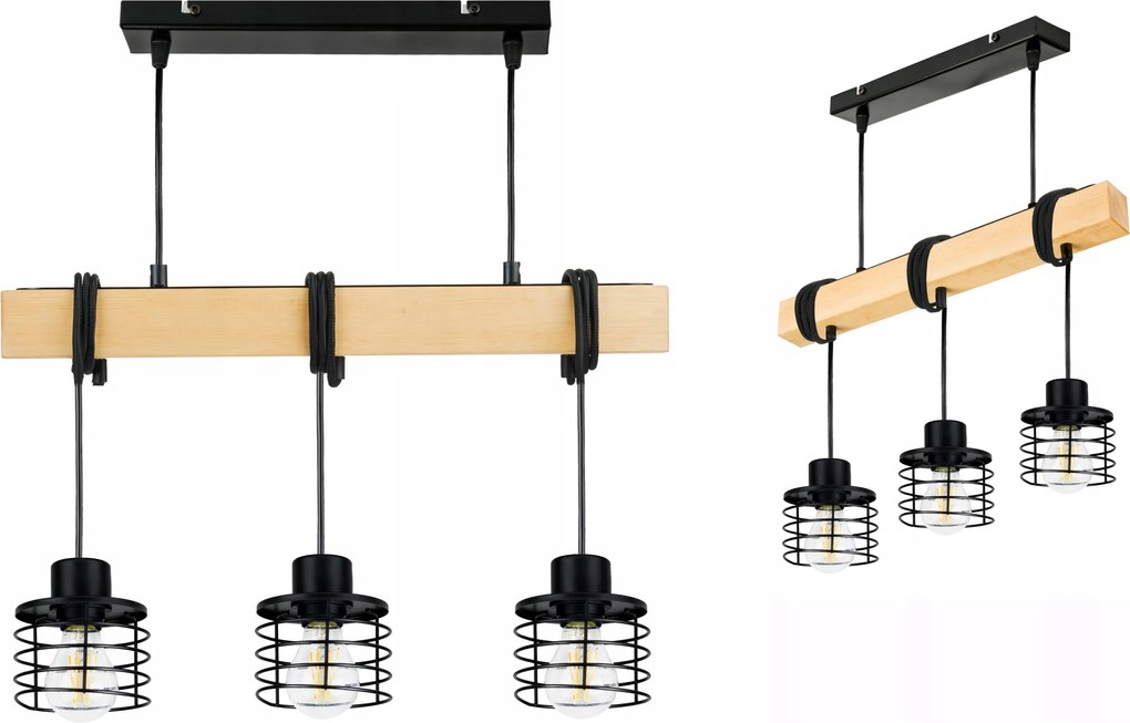 Lámpa fa függeszték mennyezeti Csillár Túlnyúlás Loft Fekete Drót 3xE27