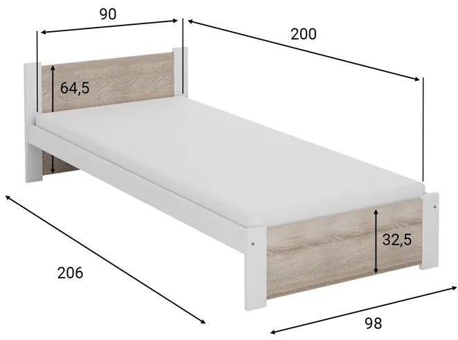 IKAROS ágy 90x200 cm, fehér/sonoma tölgy Ágyrács: Ágyrács nélkül, Matrac: Coco Maxi 20 cm matrac