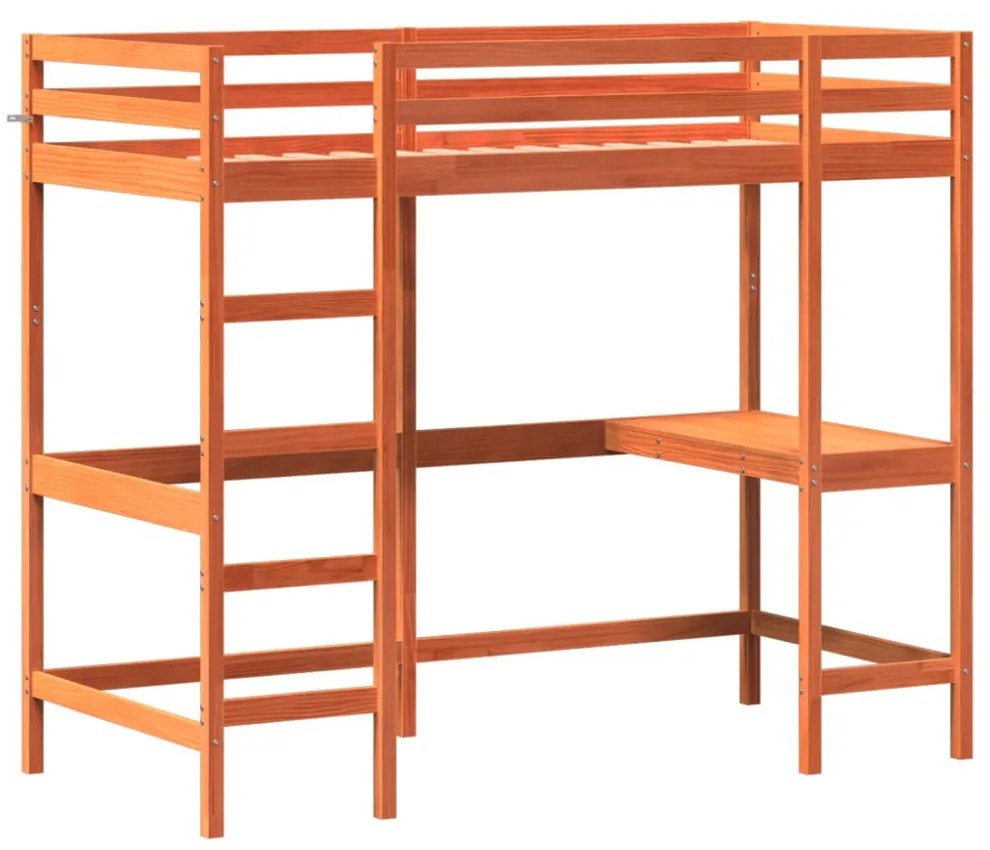 viaszbarna tömör fenyőfa galériaágy íróasztallal 90 x 190 cm