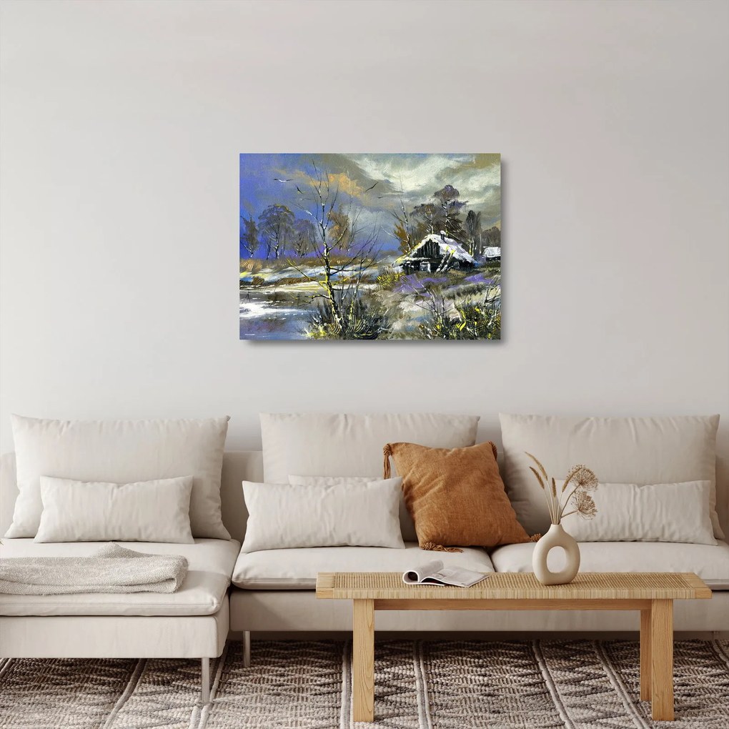 Téli tájon lévő házikó képe, olajfestmény (üvegen) (70x50 cm)