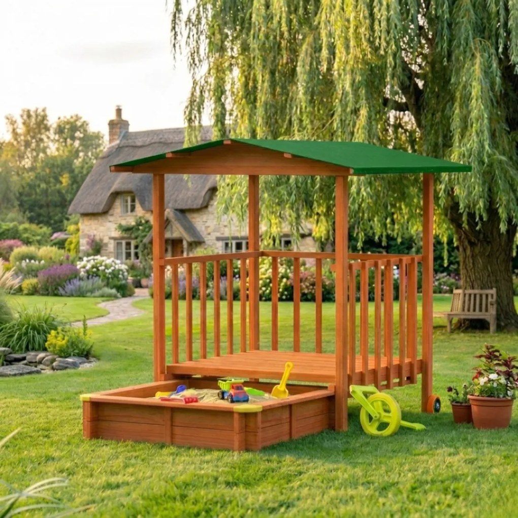 SUNNY verandás homokozó, 130x130x143cm, barna/zöld Jurhan