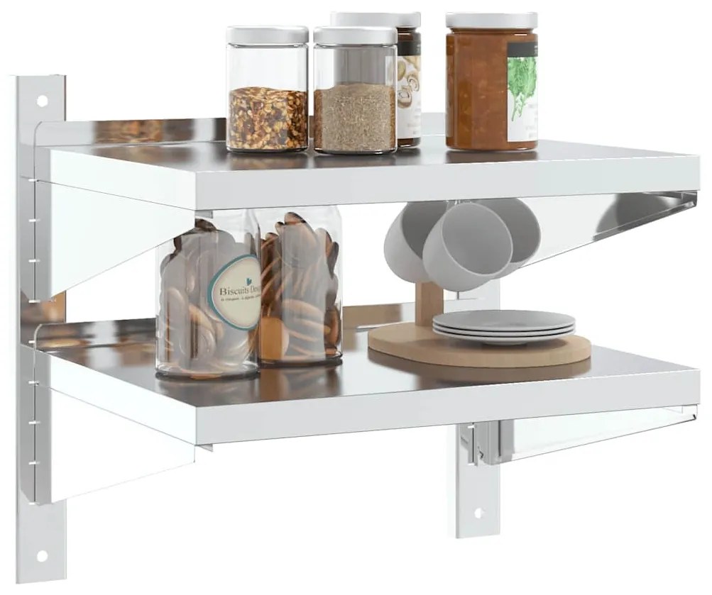 2 szintes ezüst rozsdamentes acél fali polc 50 x 40 x 48 cm