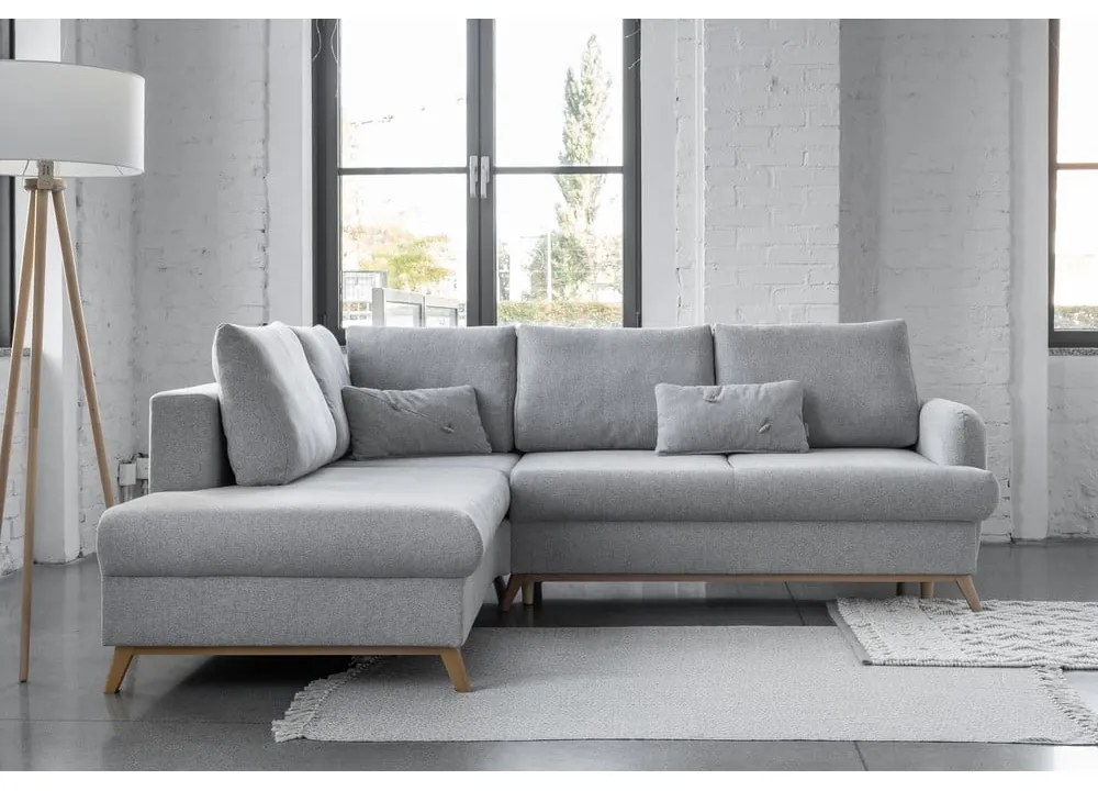 Világosszürke kinyitható-tárolóhelyes sarokkanapé (bal oldali-L alakú) Scandic Lagom – Miuform