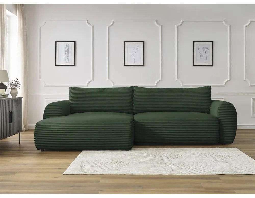 Sötétzöld kordbársony kinyitható sarokkanapé (bal oldali) Lucien – Bobochic Paris