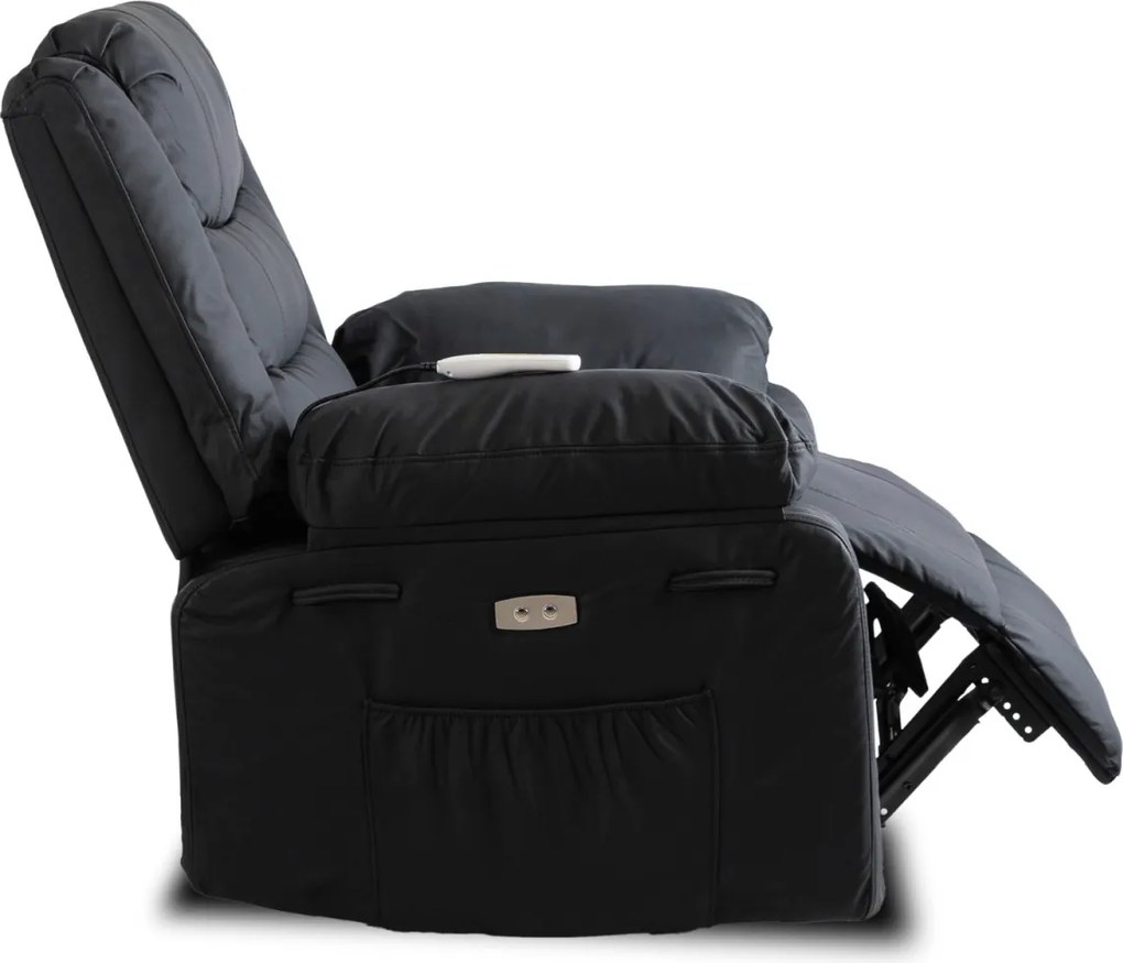 Elektromos masszázsfotel, dönthető fekete ökobőr, JASPER