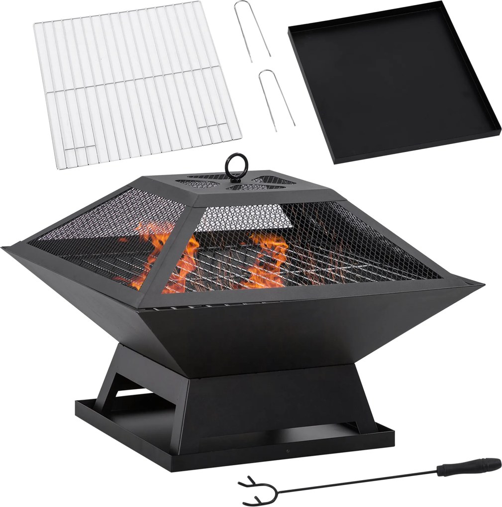 Outsunny Tűzrakó 45 x 45 x 34cm Rozsdamentes Acél Tűzrakó Sparkrács Poker Tűzmedence Tűzvödör Kerthez, Erkélyhez, BBQ-hoz, Kempinghez Fekete | Aosom