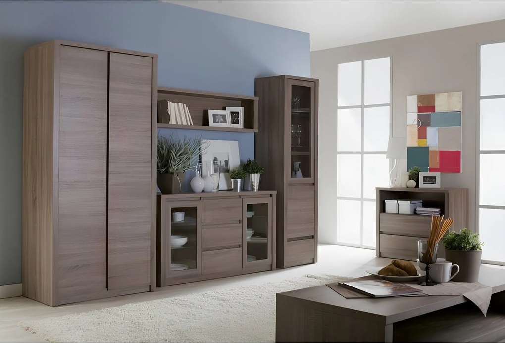 Vitrín szekrény 1- kihúzható fiókkal és osztot ajtóval-teljessen üvegezett, tölgyfa lefkas, MONTANA W1D