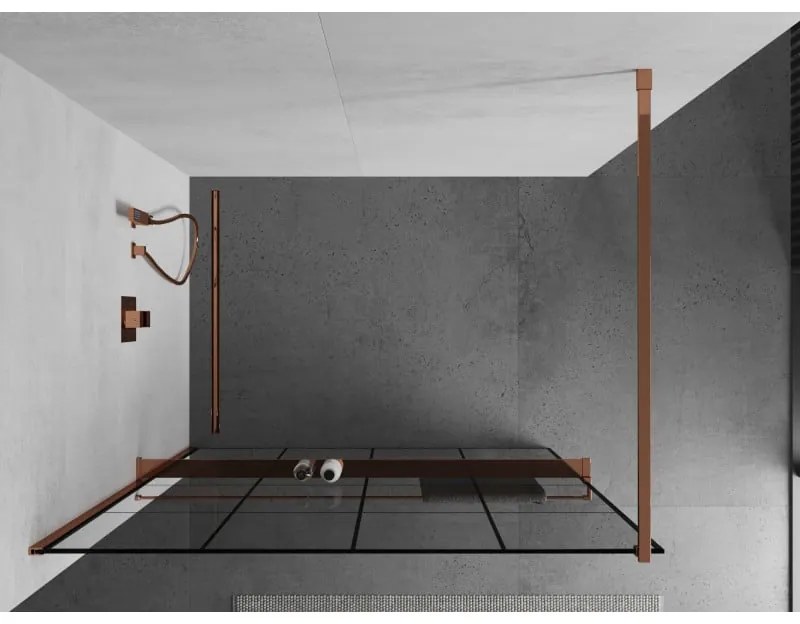 Mexen Kioto +, zuhanyparaván polccal és törölközőtartóval 140 x 200 cm, 8mm átlátszó üvegmintás fekete, rózsa arany profil, 800-140-121-60-77
