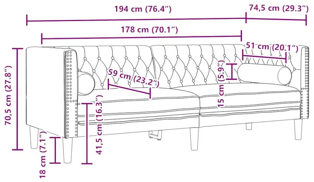 Chesterfield kanapé Világosszürke 194 x 74.5 x 70.5 cm Bársony
