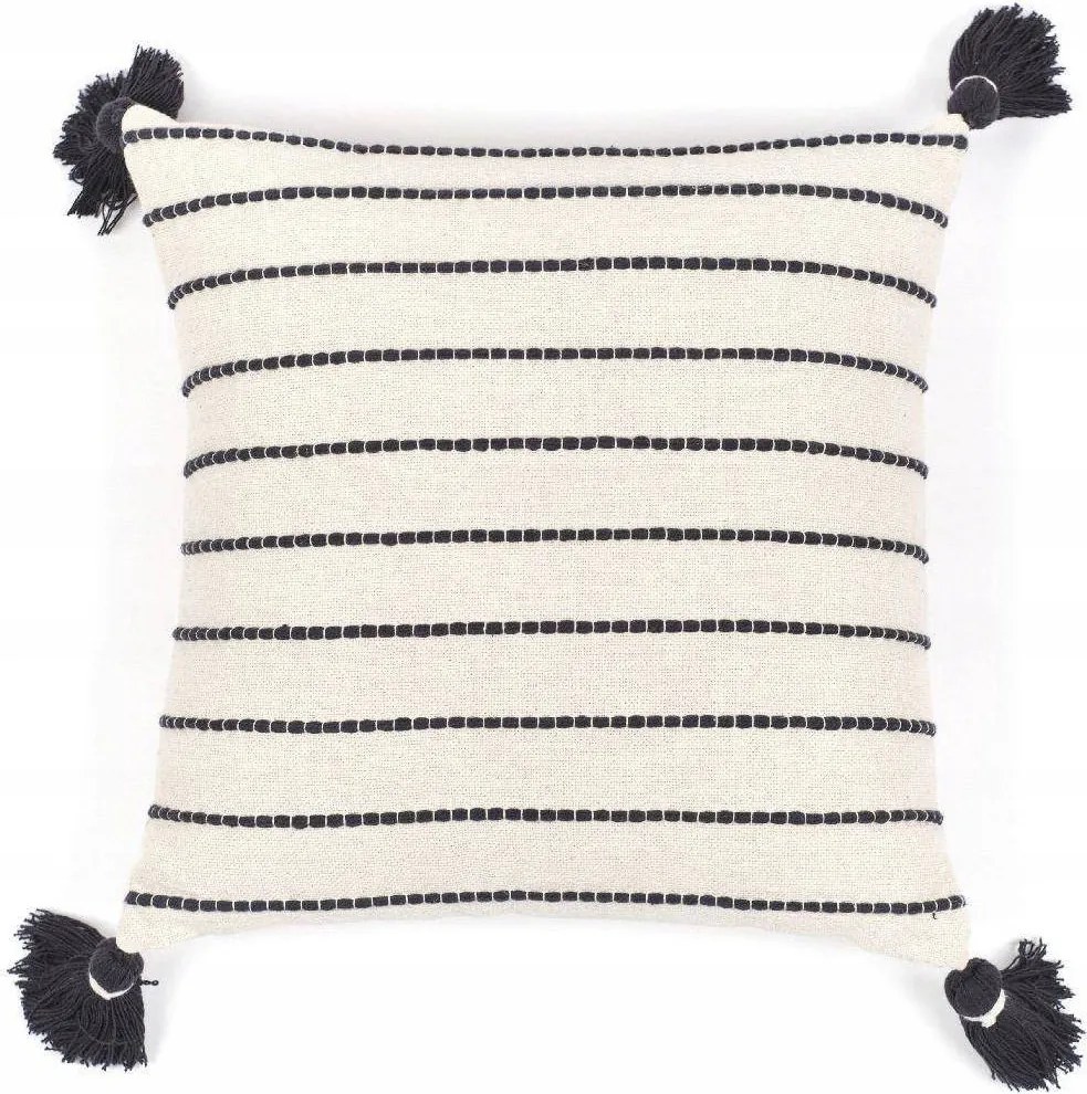 Díszpárna Fehér-fekete Csíkos Pomponokkal 45X45 CM Boho Etno