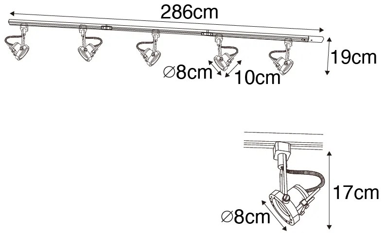 Ipari sínrendszer fekete 5 spotlámpával, 1 fázisú - Suplux