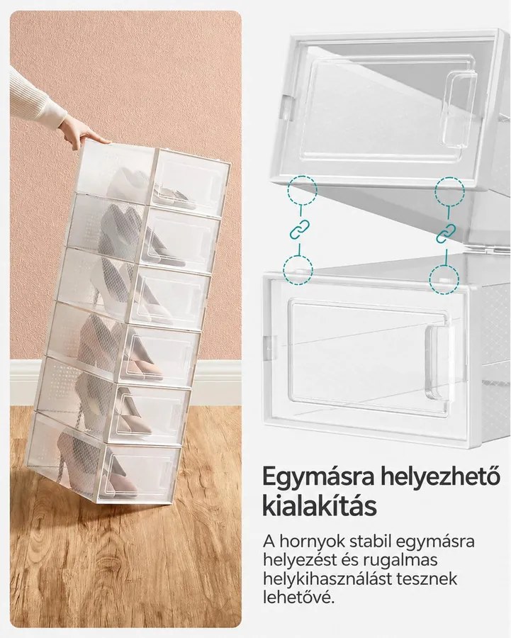 Cipőtartó, 18 db egymásra rakható cipősdobozok, műanyag cipőrendező, átlátszó