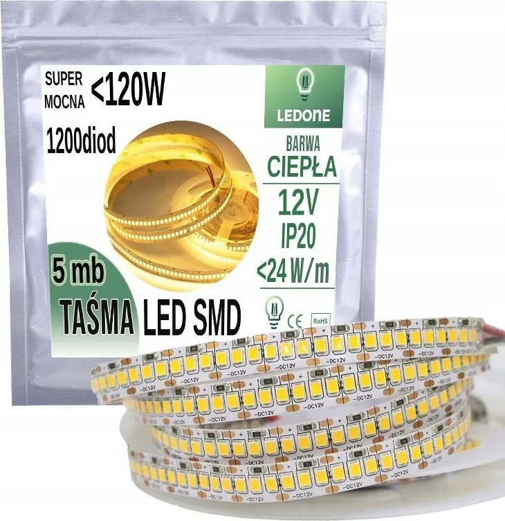 Szuper Erős Prémium Led szalag 12V SMD2835 IP20 fehér szín Meleg 1200d 5mb