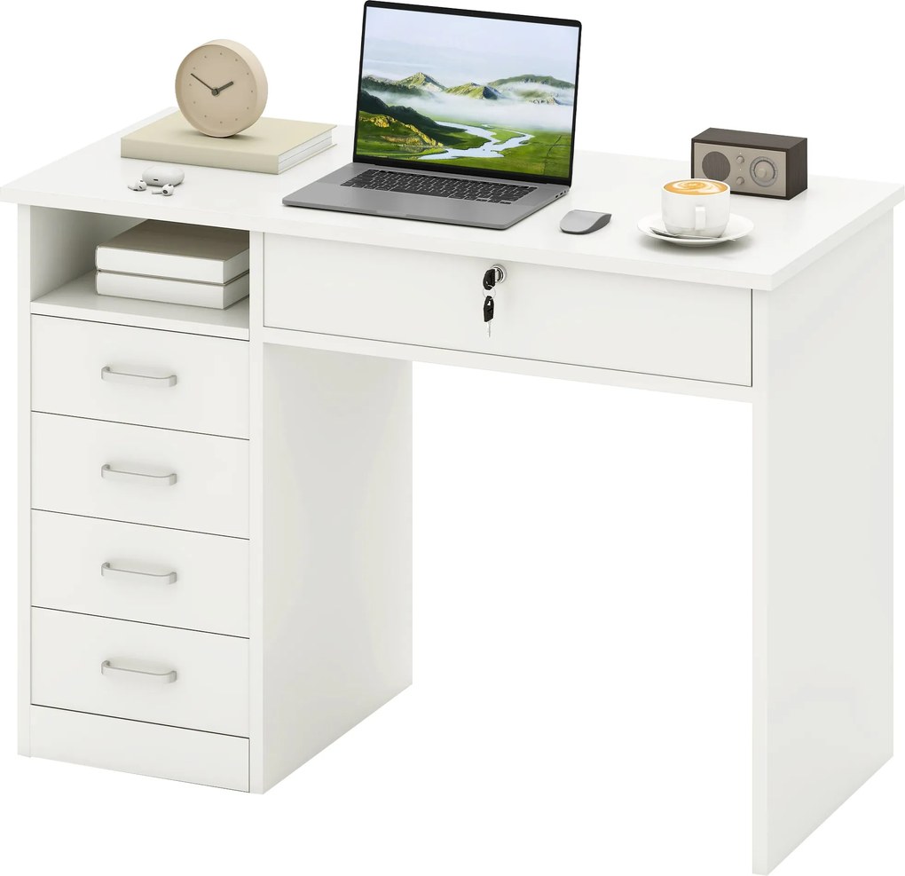 HOMCOM Iroda és Halószoba Íróasztal, PC és Számítógép Íróasztal, Fából 5 Fiókkal, Munka Felület, 2 Kulcs, Modern, 110x50x76cm, Fehér | Aosom