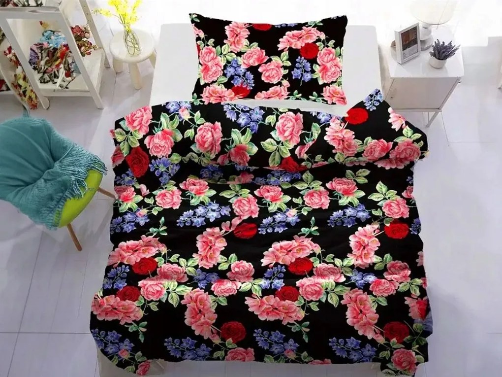 Pink Roses pamutvászon, fekete 70×90+140×200 cm