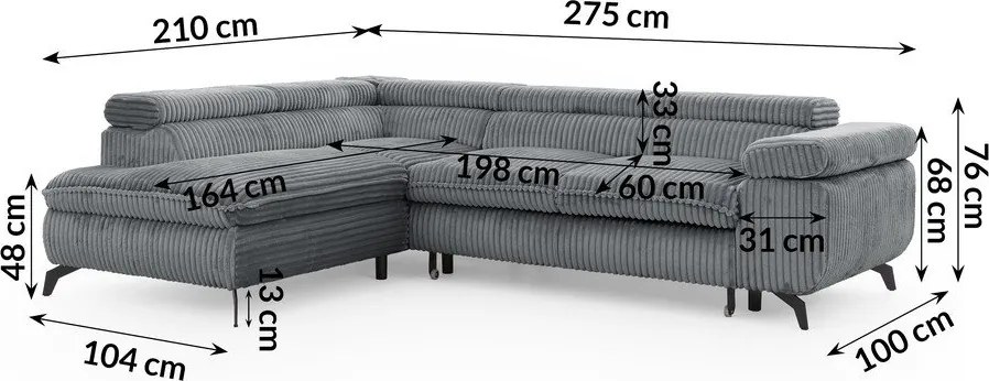 Szürke kordbársony sarokkanapé (bal oldali-L alakú) Marbeya – Ropez