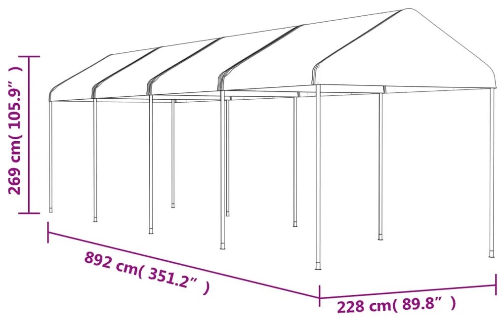 Fehér polietilén pavilon tetővel 8,92 x 2,28 x 2,69 m