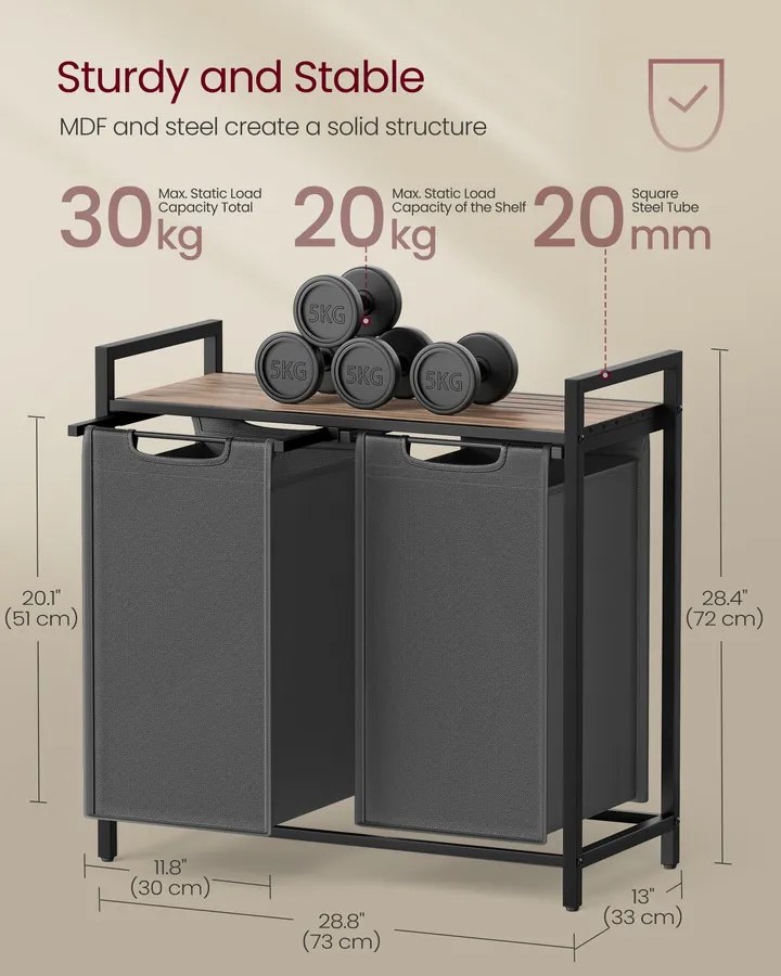Szennyeskosár, 2 rekeszes szennyestartó, 2 × 46 l, 73 × 33 × 72 cm, tevebarna és szürke