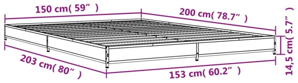 füstös tölgyszínű szerelt fa és fém ágykeret 150 x 200 cm