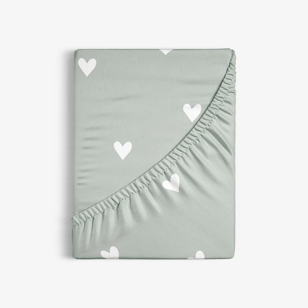 Goldea pamut gumis lepedő - szívecskék, zsálya színű alapon 180 x 200 cm