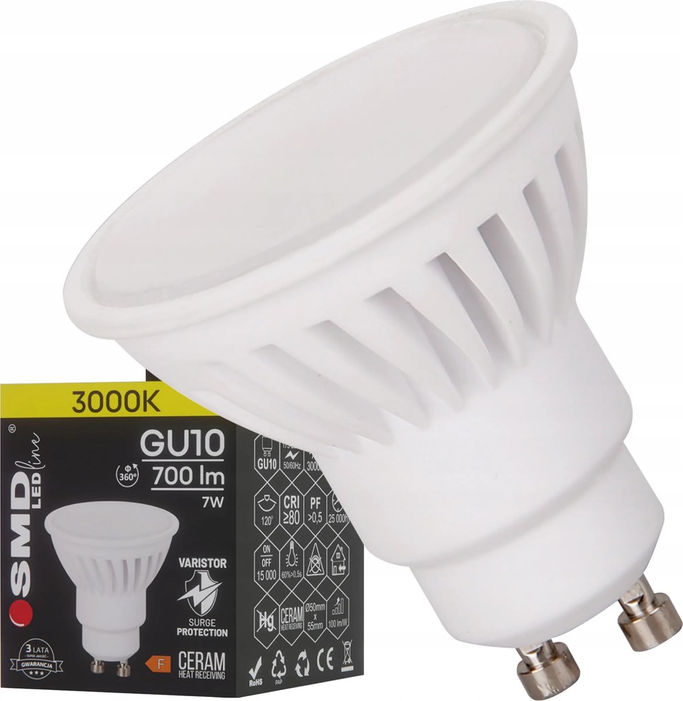 GU10 Led Izzó Smd LEDline 7W 3000K Meleg Túlfeszültségvédő Varisztor