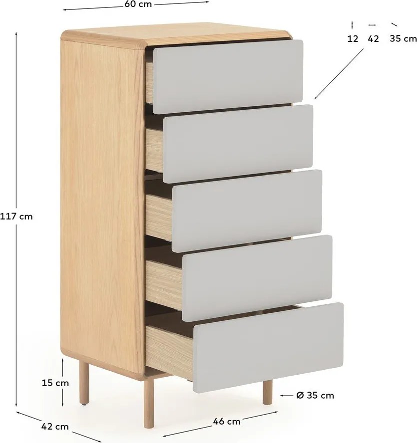 Szürke-natúr színű komód kőrisfa dekorral 60x117x42 cm Anielle – Kave Home