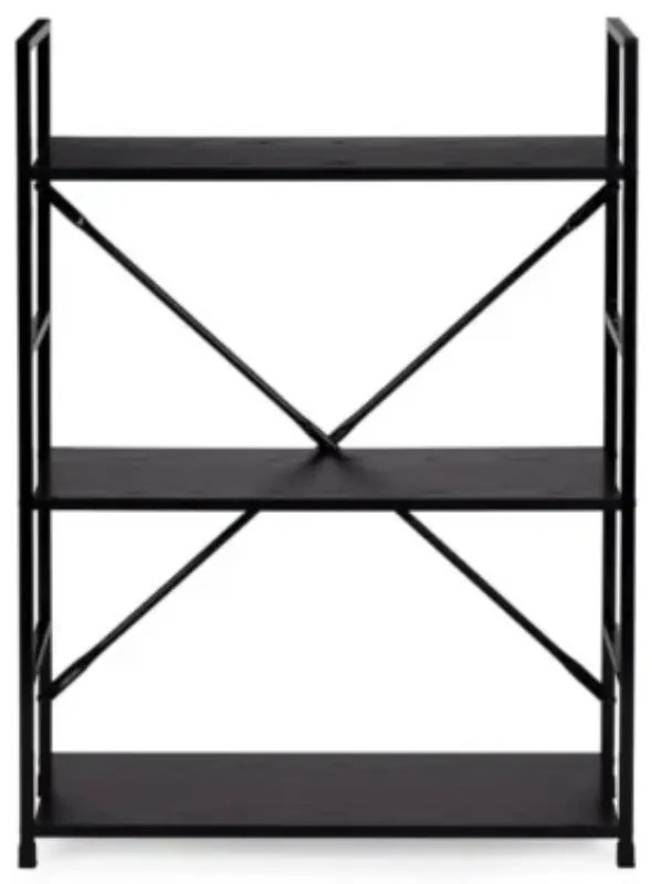 Fekete 3 szintes nyitott könyvespolc, tároló állvány fém lábakkal - 59x80cm Intenso