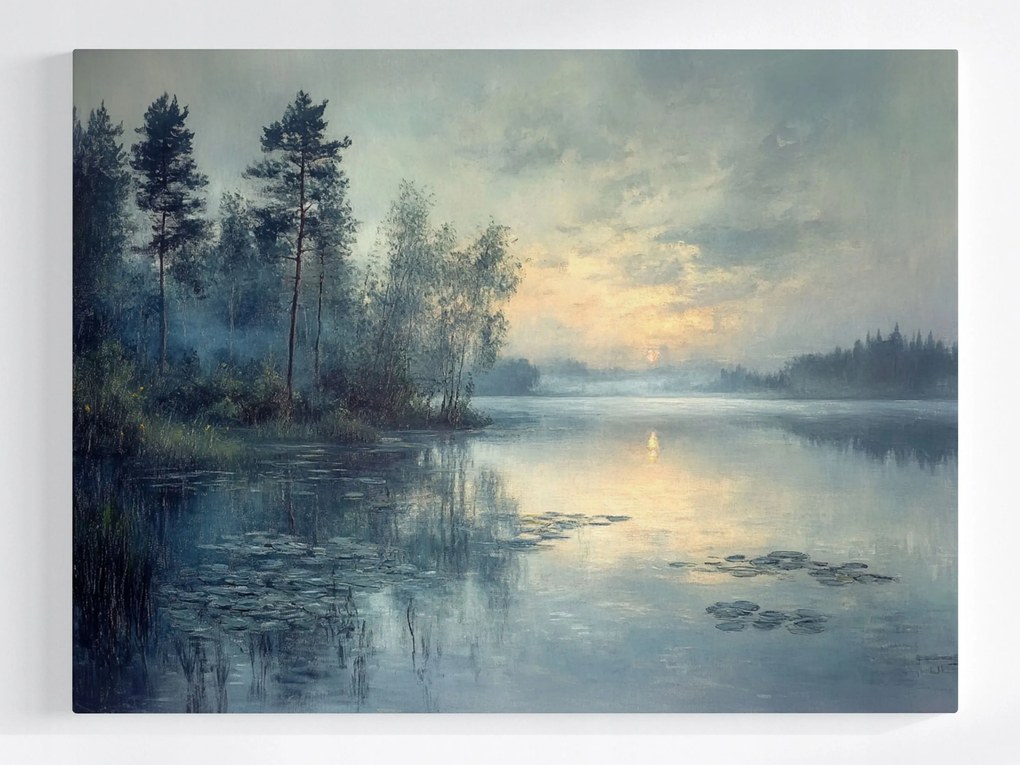 Vászonkép Canvas Tájkép Tó Fák Naplemente Köd 100x75