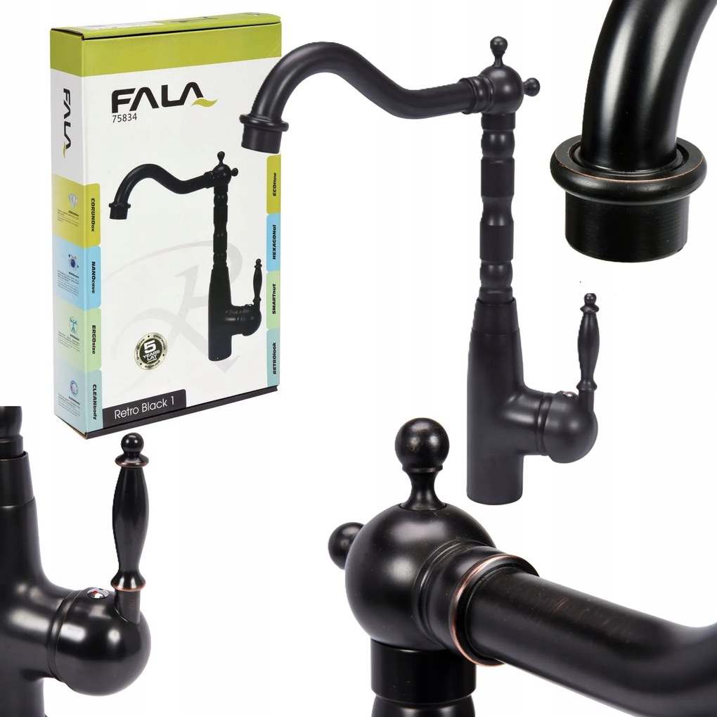 Konyhai Mosogató Csaptelep Álló Retro Fekete Sárgaréz Fala 75834