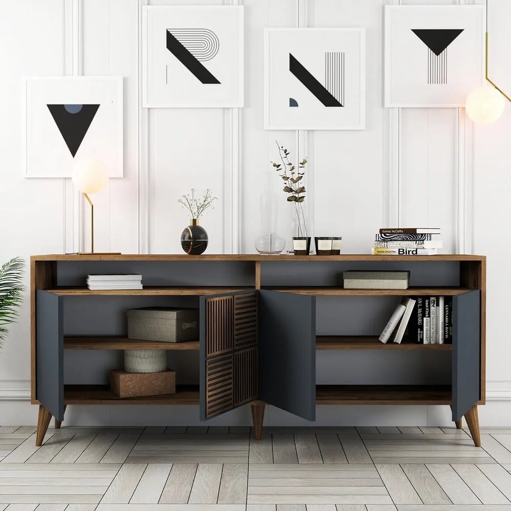 Antracitszürke-natúr színű alacsony komód diófa dekorral 180x79 cm Milan – Kalune Design