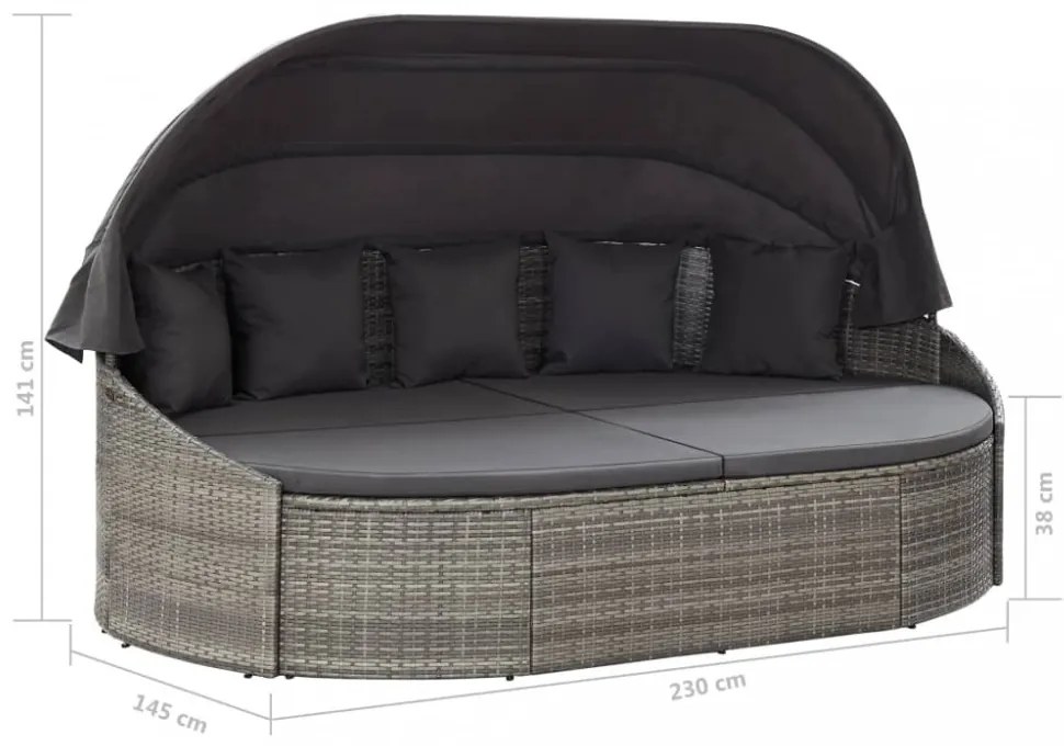 szürke polyrattan kültéri napozóágy napellenzővel