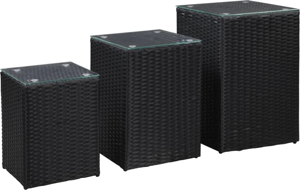 vidaXL 3 db fekete polyrattan kisasztal üveg asztallappal