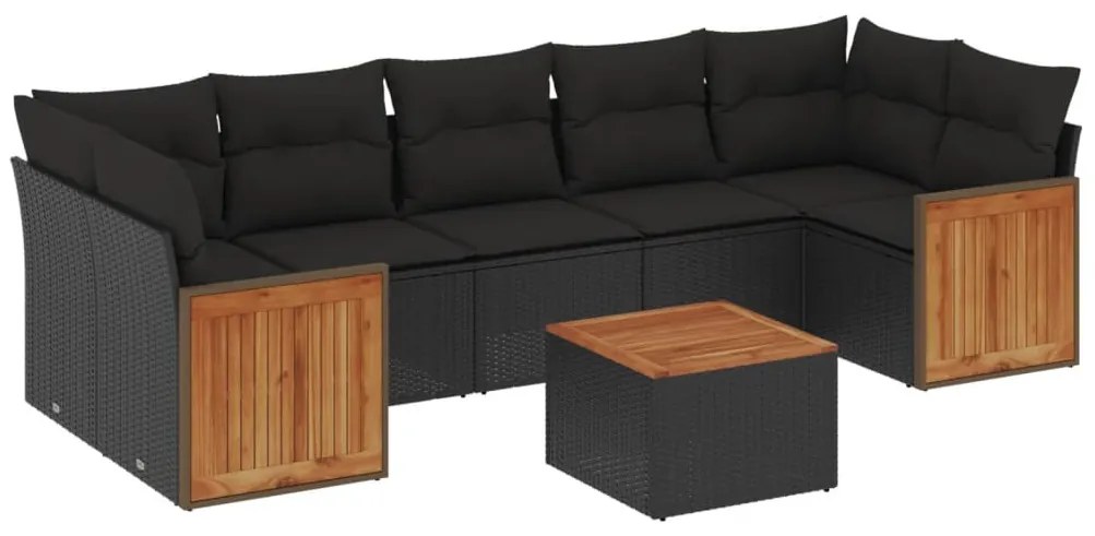 8 részes fekete polyrattan kerti ülőgarnitúra párnákkal