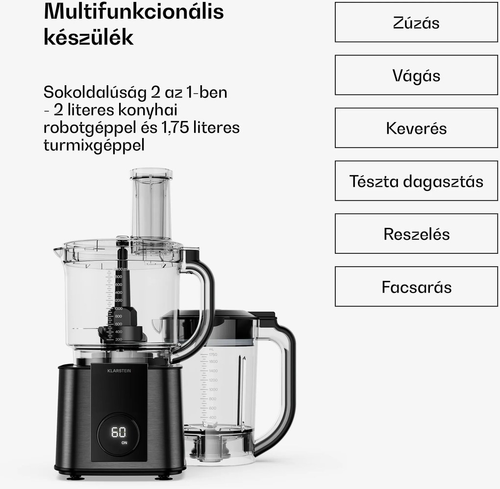 Klarstein Verosteel konyhai robotgép mixerrel | Dagasztás, habverés, préselés | 1200 W | 2 L/1,75 L