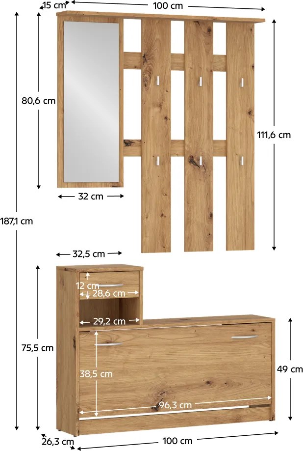 Előszobabútor összeállítás, artisan tölgy, VIRA-MECKI NEW