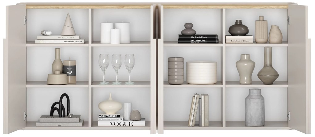 Amilio négyajtós komód 200 cm - kasmír / olajozott tölgy / kasmír fogantyúk