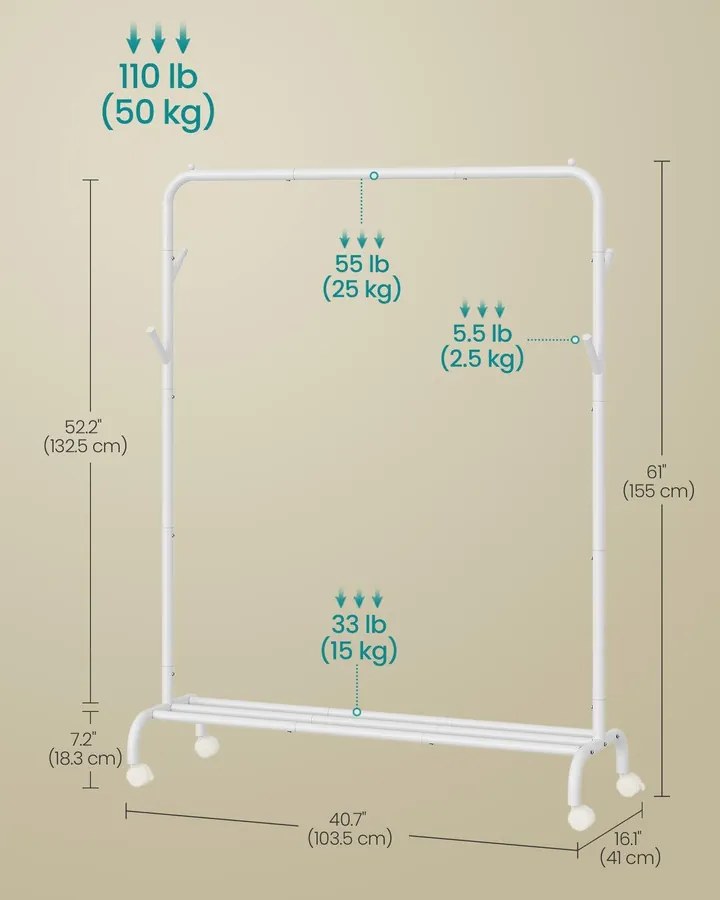 Ruhafogas kerekekkel és polccal, strapabíró fémváz, felhőfehér