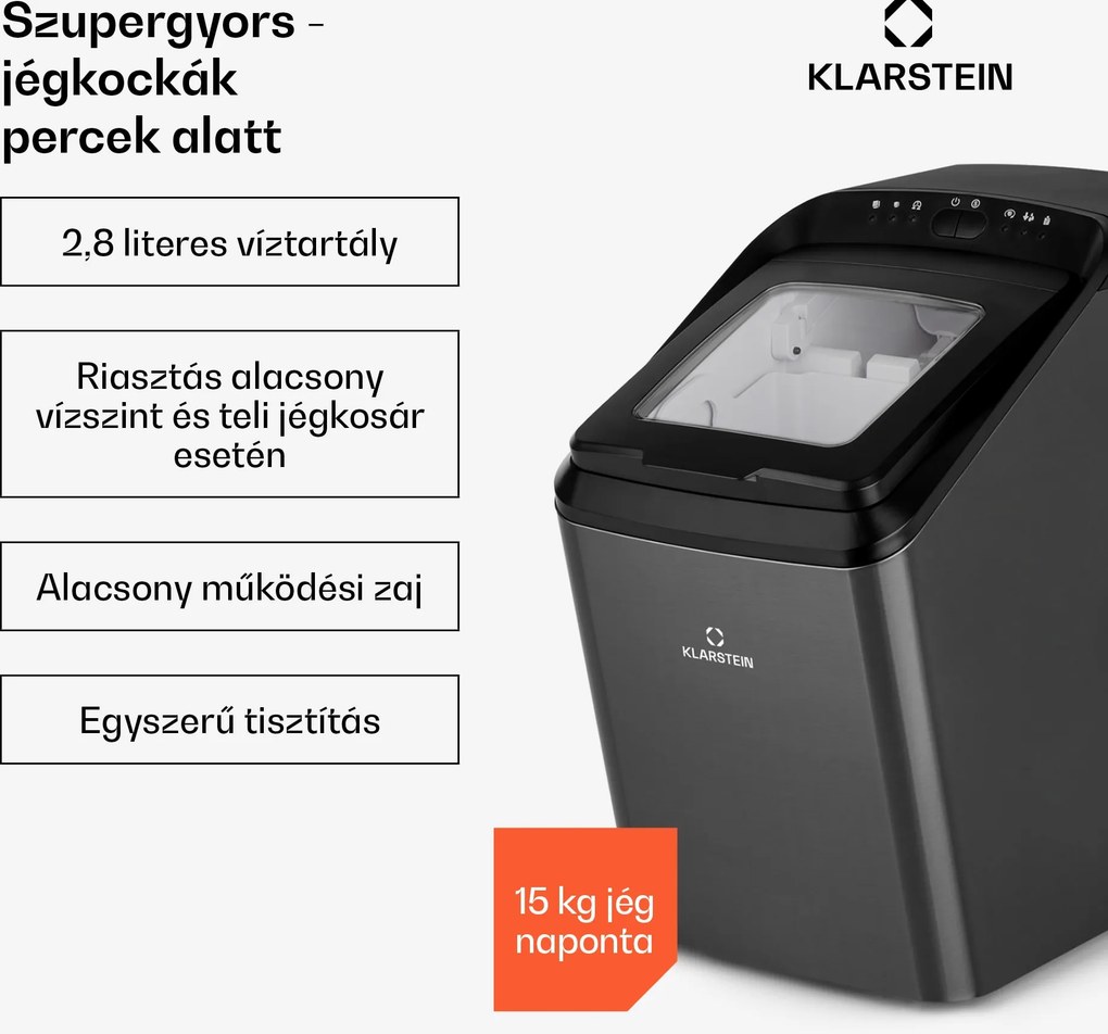 Klarstein Partytime, jégkocka készítő, tiszta jég, 15 kg/24 h, rozsdamentes acél
