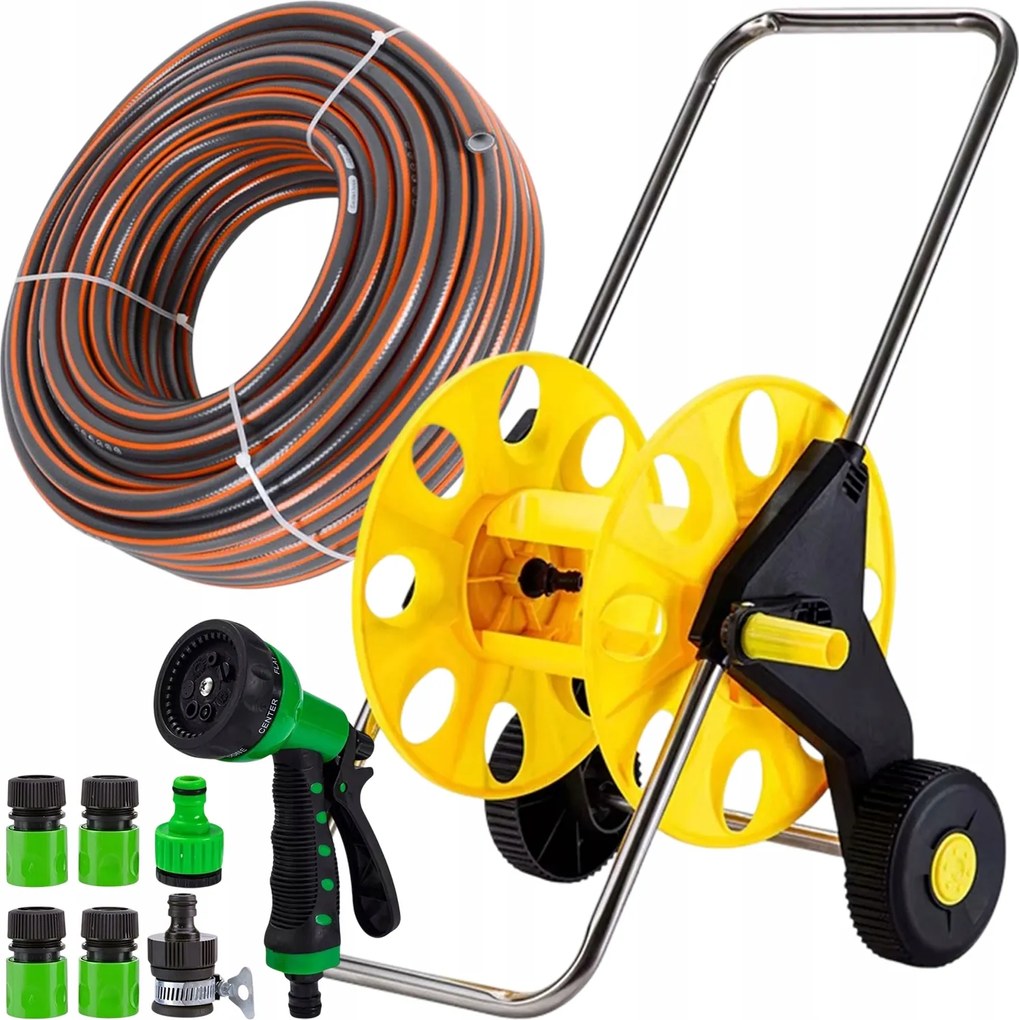 Kerti Szett Tömlőkocsi 30M 1/2 Locsolópisztoly Pvc Csatlakozó Mobil