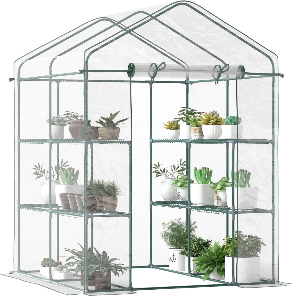 Outsunny PVC Műanyag Zöldségkert Üvegház Átjárható Kert Shed Paradicsom Üvegház 6 Polccal Átlátszó Acél PVC Műanyag 143 x 143 x 195 cm | Aosom