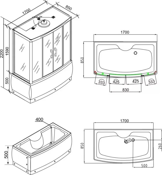 Emilia 170 Hidromasszázs Kádkabin elektonikával Black