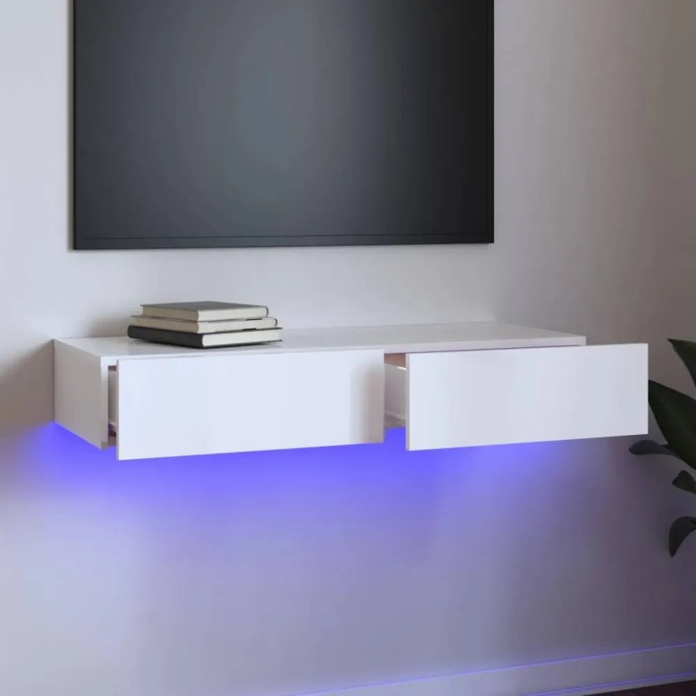 Magasfényű fehér TV-szekrény LED lámpákkal 90 x 35 x 15,5 cm