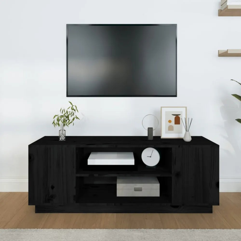 fekete tömör fenyőfa TV-szekrény 110x35x40,5 cm