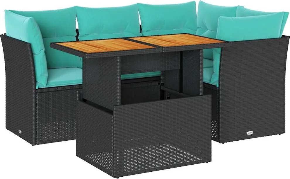 vidaXL 5 részes fekete polyrattan kerti kanapészett párnákkal
