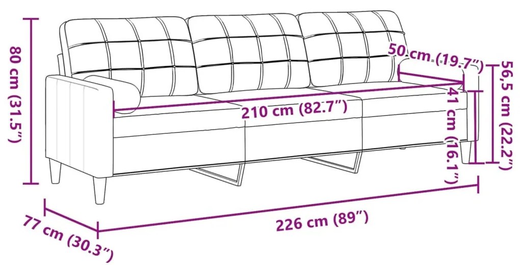 3 személyes sötétszürke bársony kanapé díszpárnákkal 210 cm