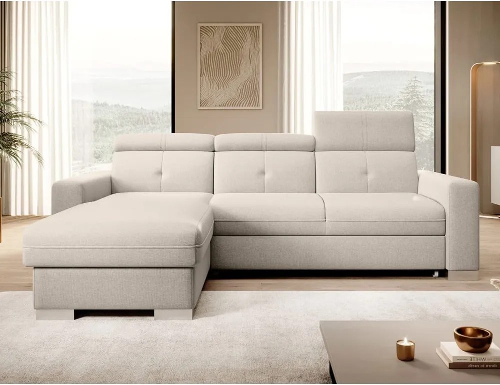 Bézs kinyitható-tárolóhelyes sarokkanapé (bal oldali-heverő résszel) Fresia – ELTAP