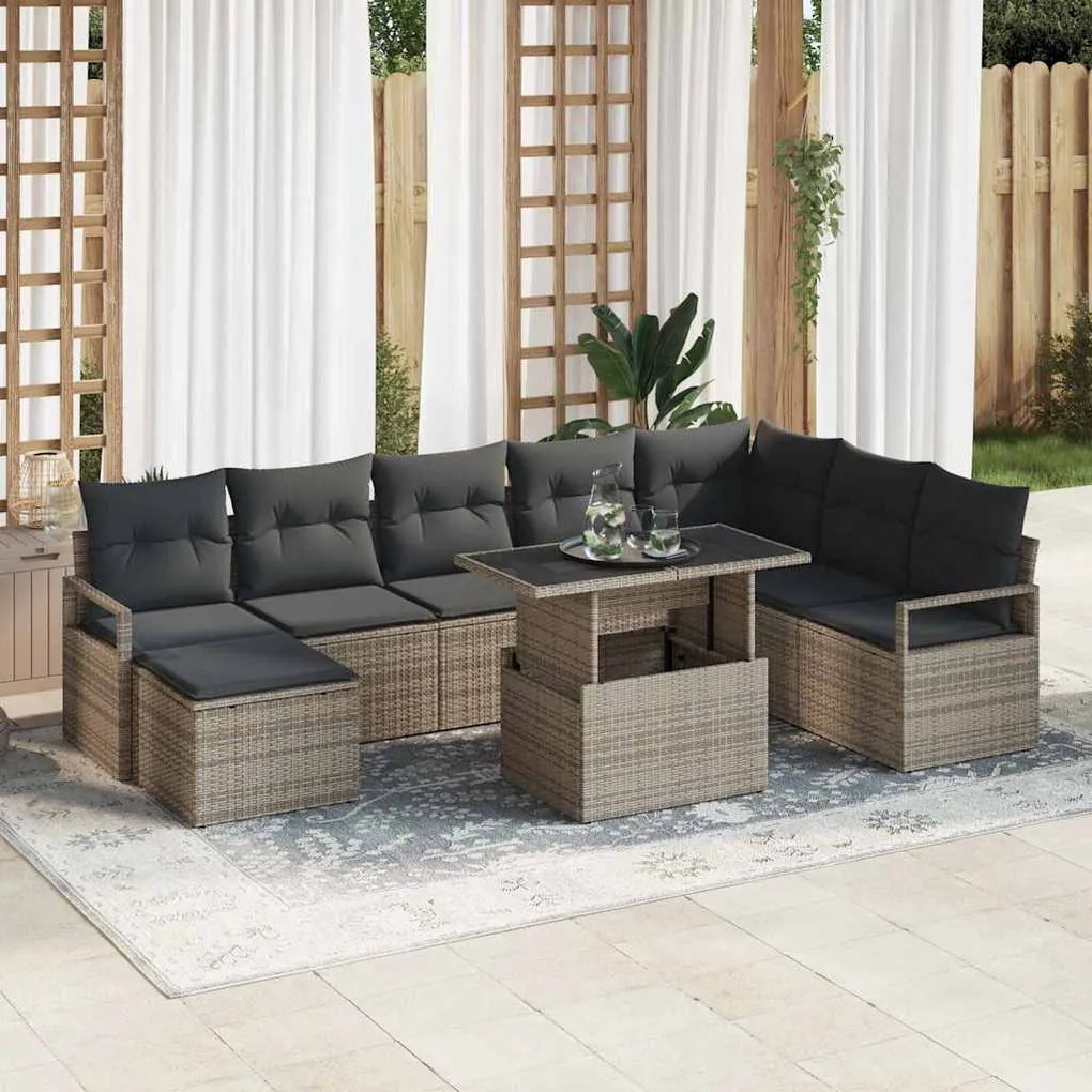 Kerti Kanapé Szett 9 pcs Szürke Poli rattan és porbevonatú acél