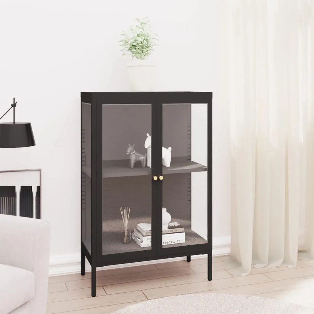 fekete acél és üveg tálalószekrény 75 x 35 x 105 cm