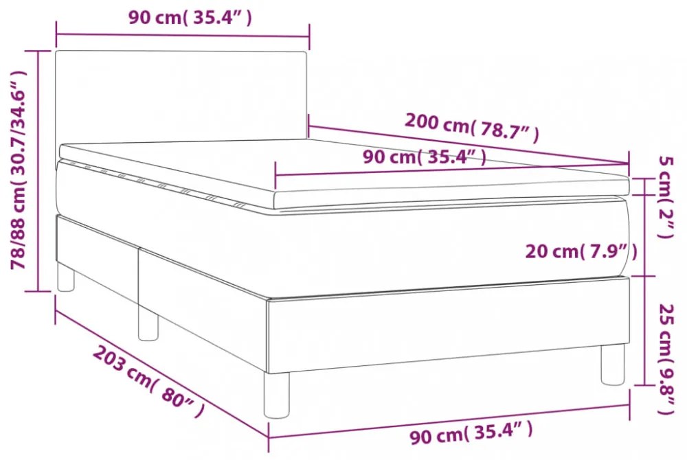 sötétszürke bársony rugós és LED-es ágy matraccal 90x200 cm